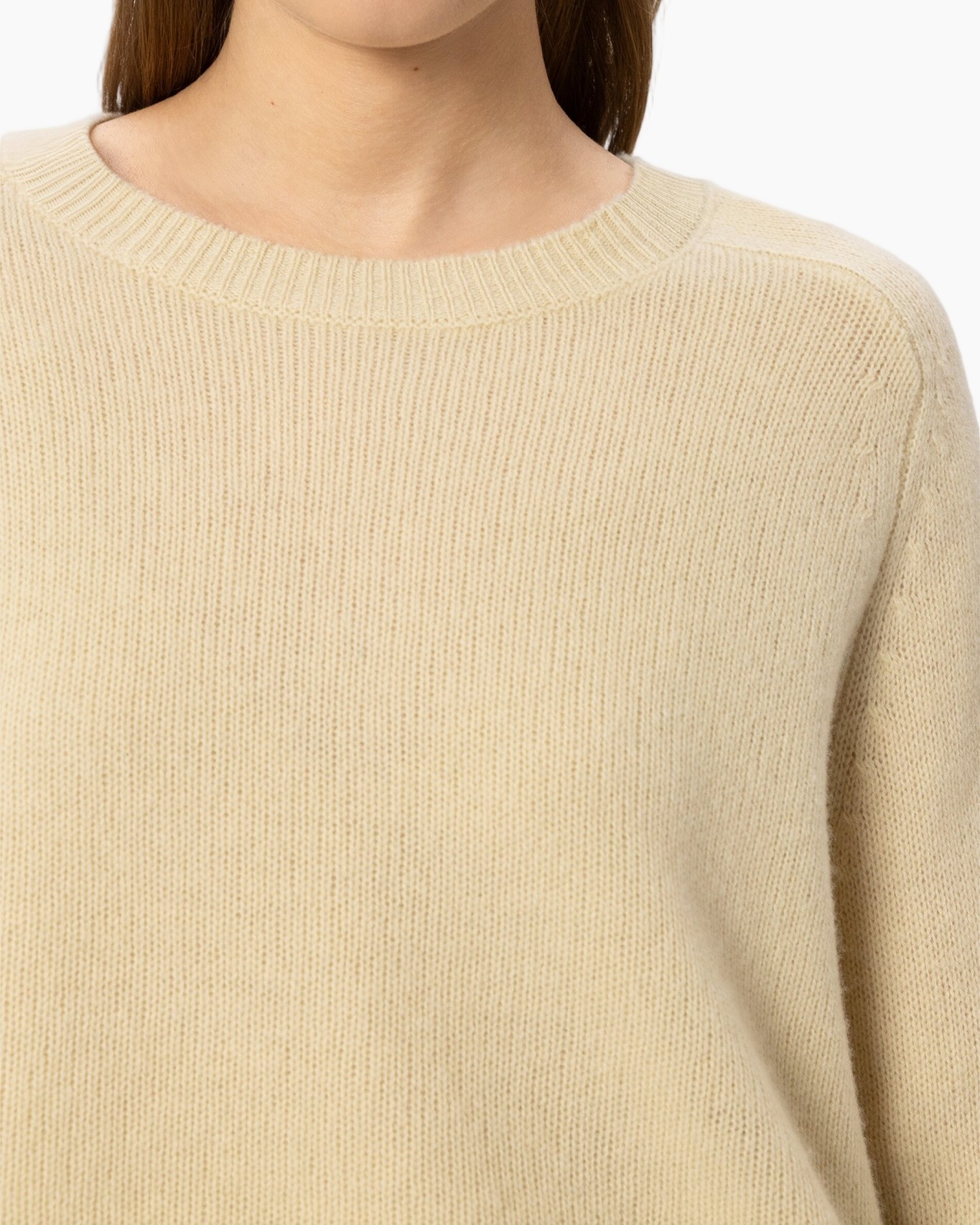 knit sweater, beige sweater, crew neck, wool blend, solid color