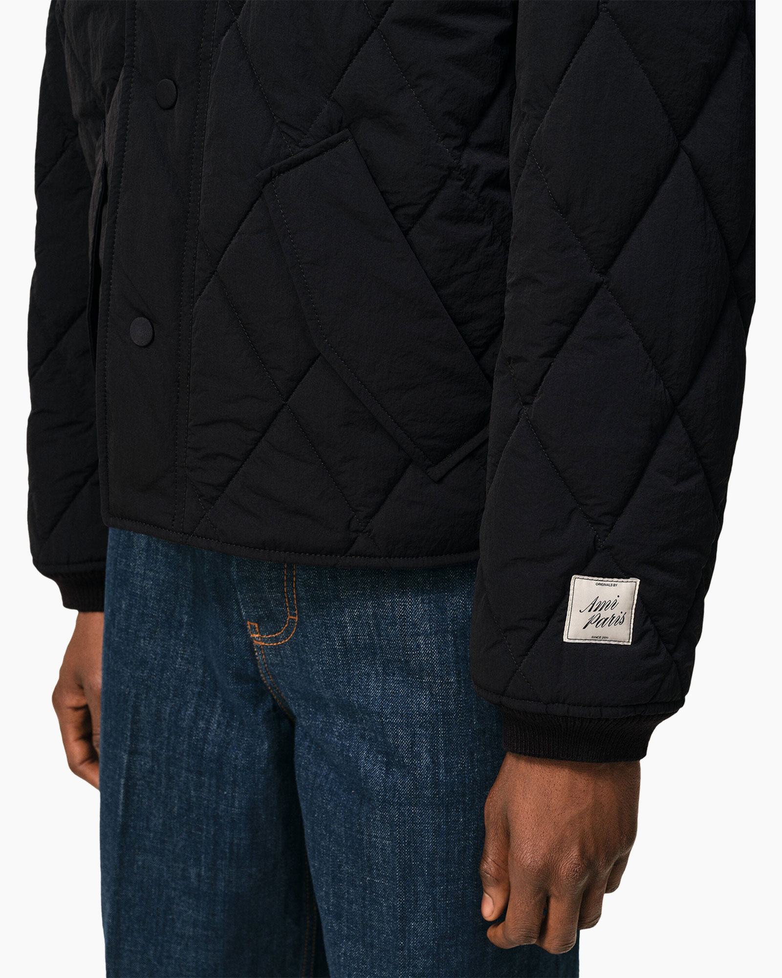 quilted jacket, black jacket, diamond quilted, long sleeve, patch label