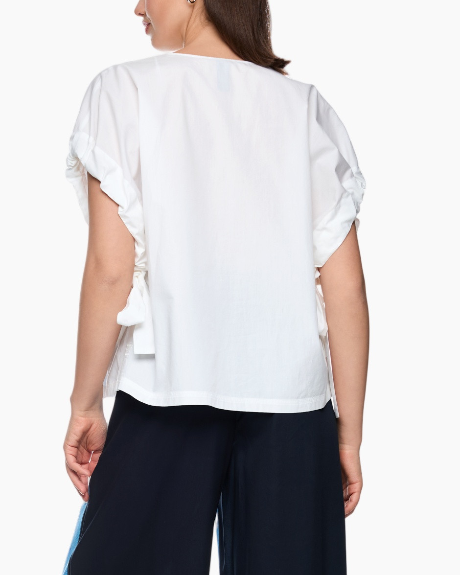 white top, short sleeves, tie details, loose fit, cotton