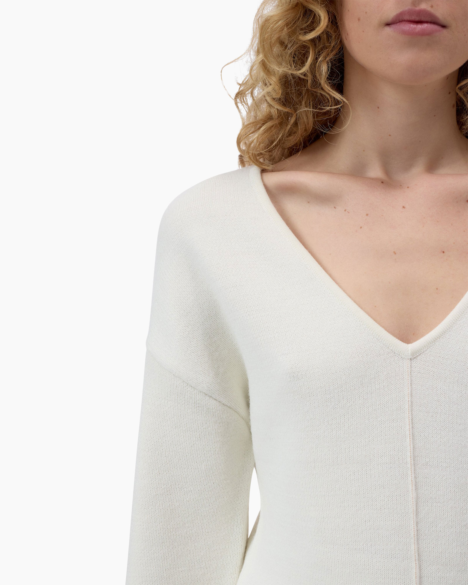 sweater, white, v-neck, knit, long-sleeve