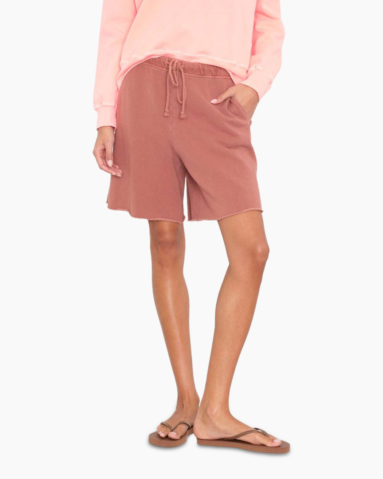 shorts, drawstring, elastic-waist, cotton, rust