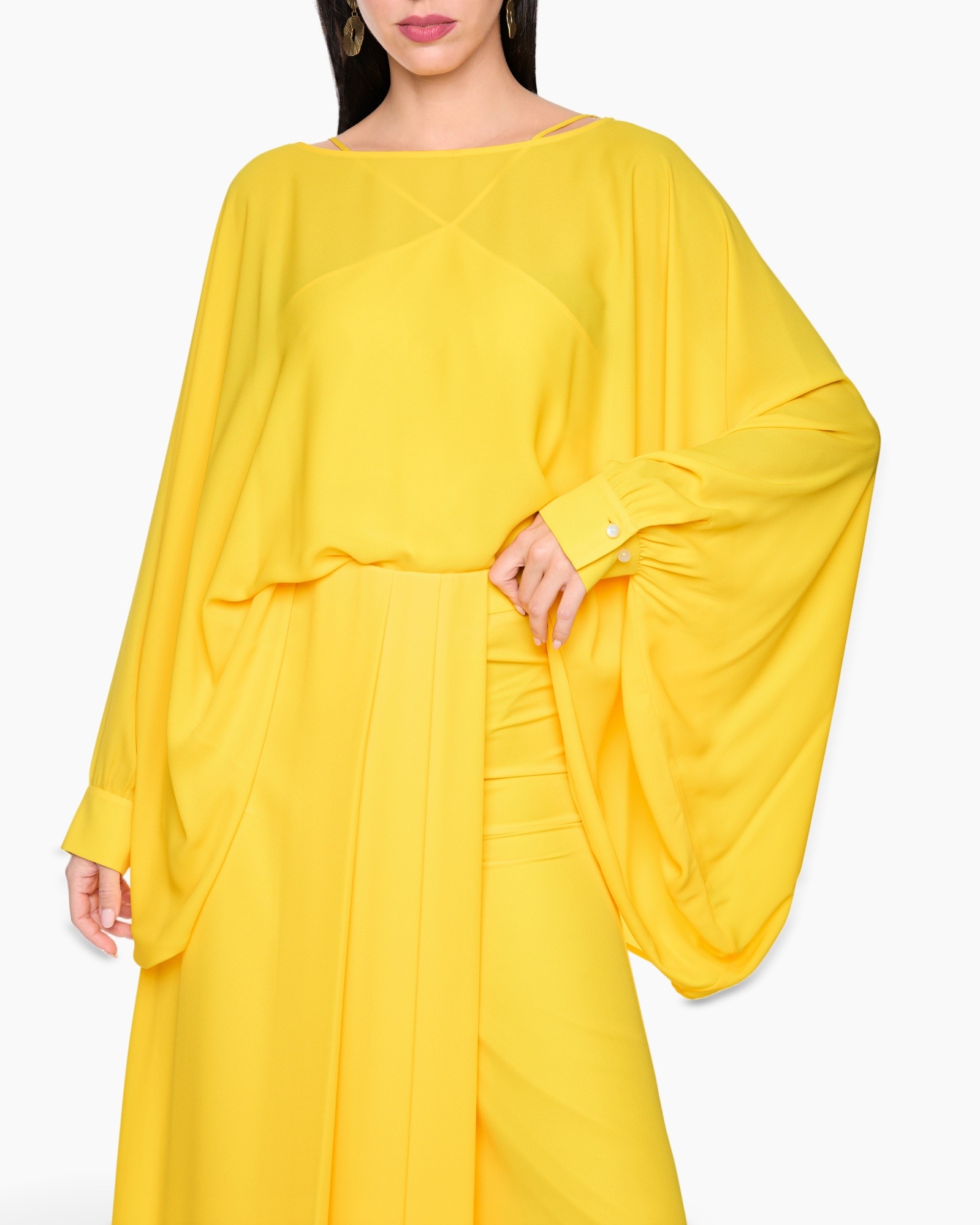 yellow dress, flowy sleeve, batwing sleeve, straight neckline, solid color