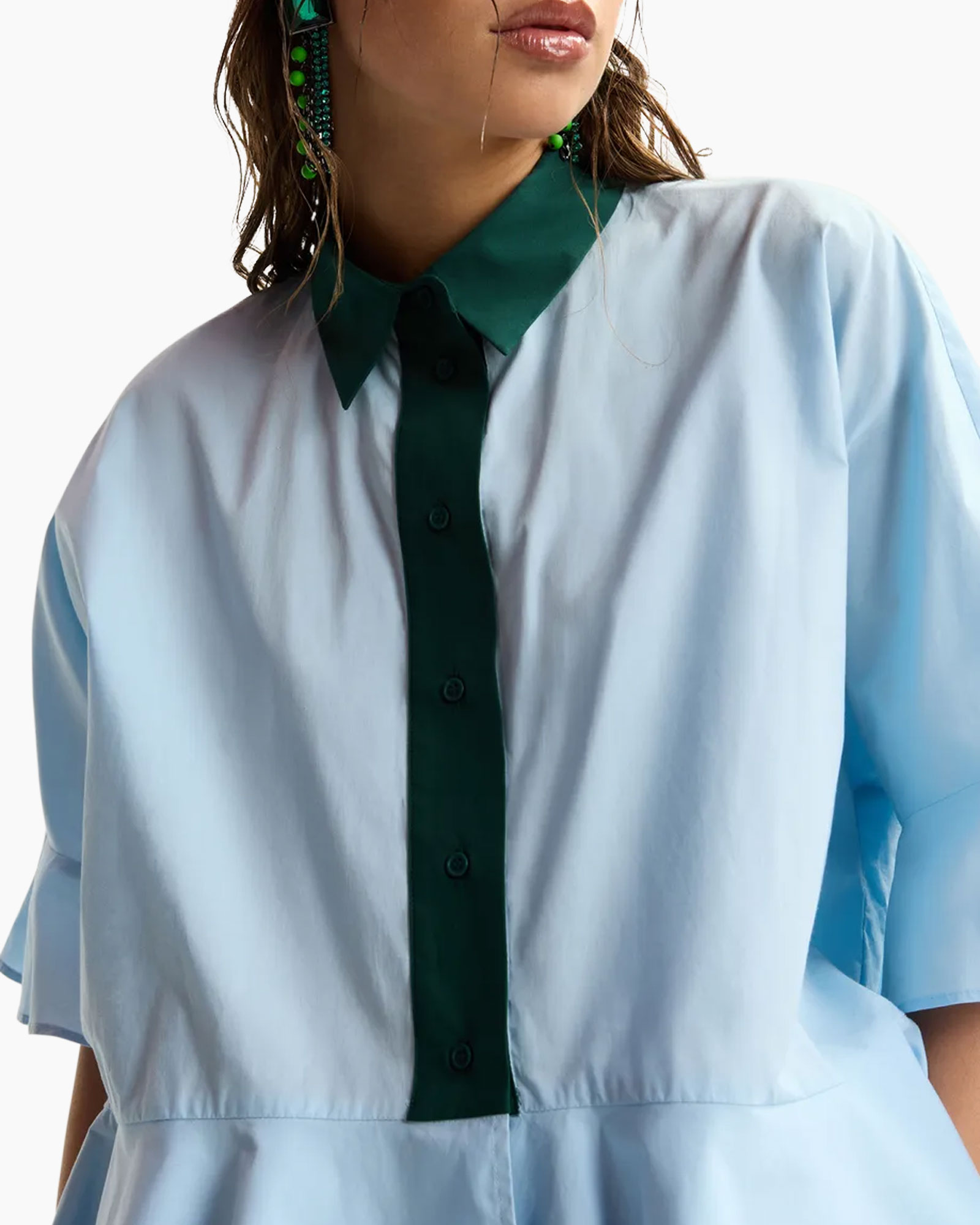 button-up, collared shirt, light blue, green placket, short sleeve