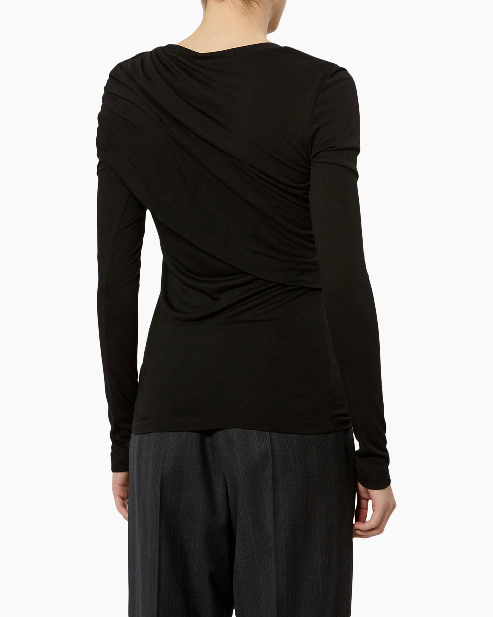 black top, long sleeve, wrap design, crew neck, fitted hem
