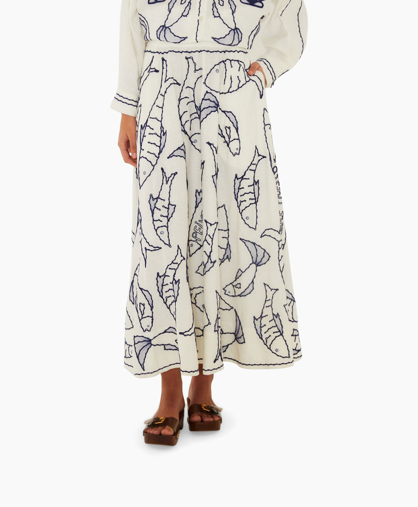 maxi skirt, fish print, white skirt, ankle length, embellished sandals