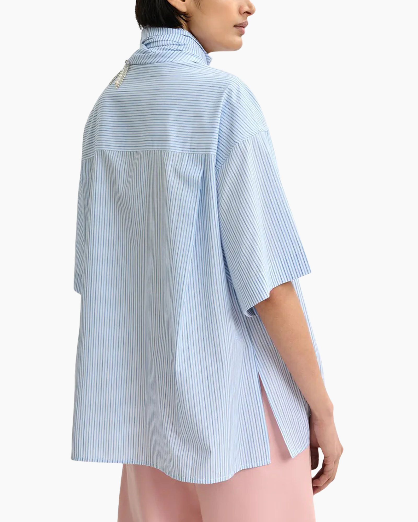striped shirt, oversized fit, short sleeve, collared, button-down