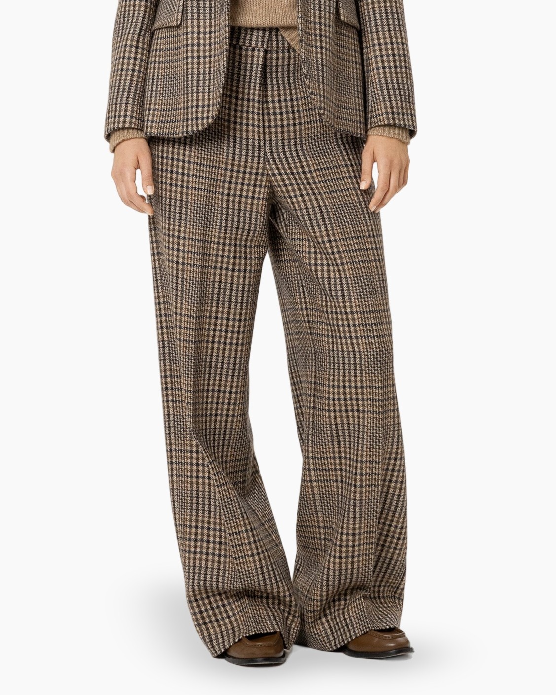 plaid, wide-leg, pants, tweed, brown