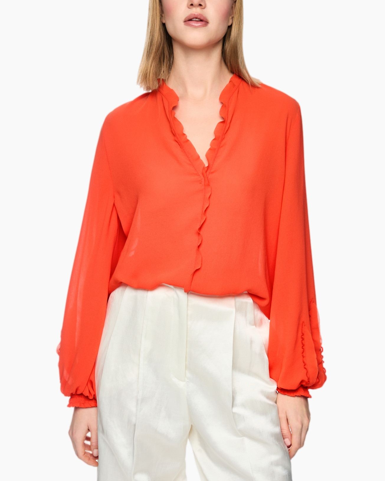 blouse, orange, long-sleeve, ruffled, collared