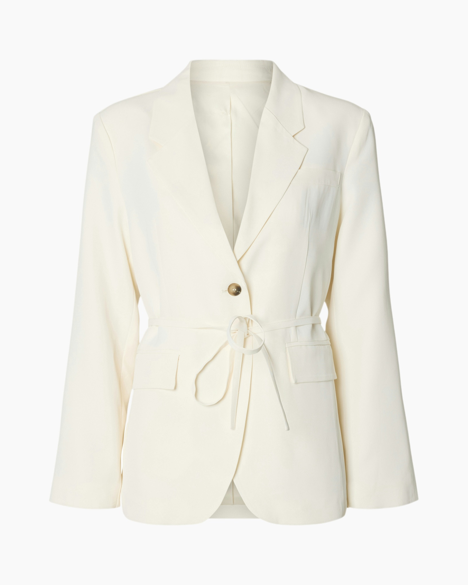 blazer, cream, single-breasted, belted, pockets