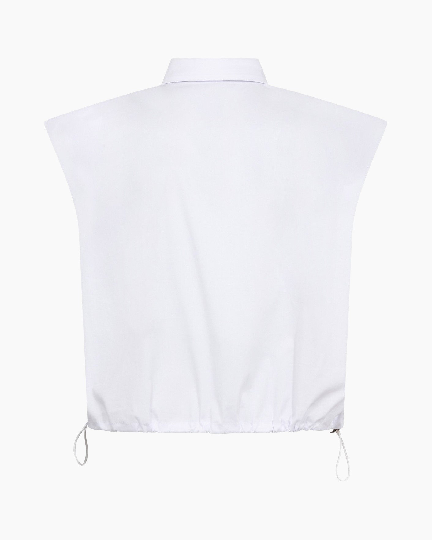 white, sleeveless, collar, drawstring, back view