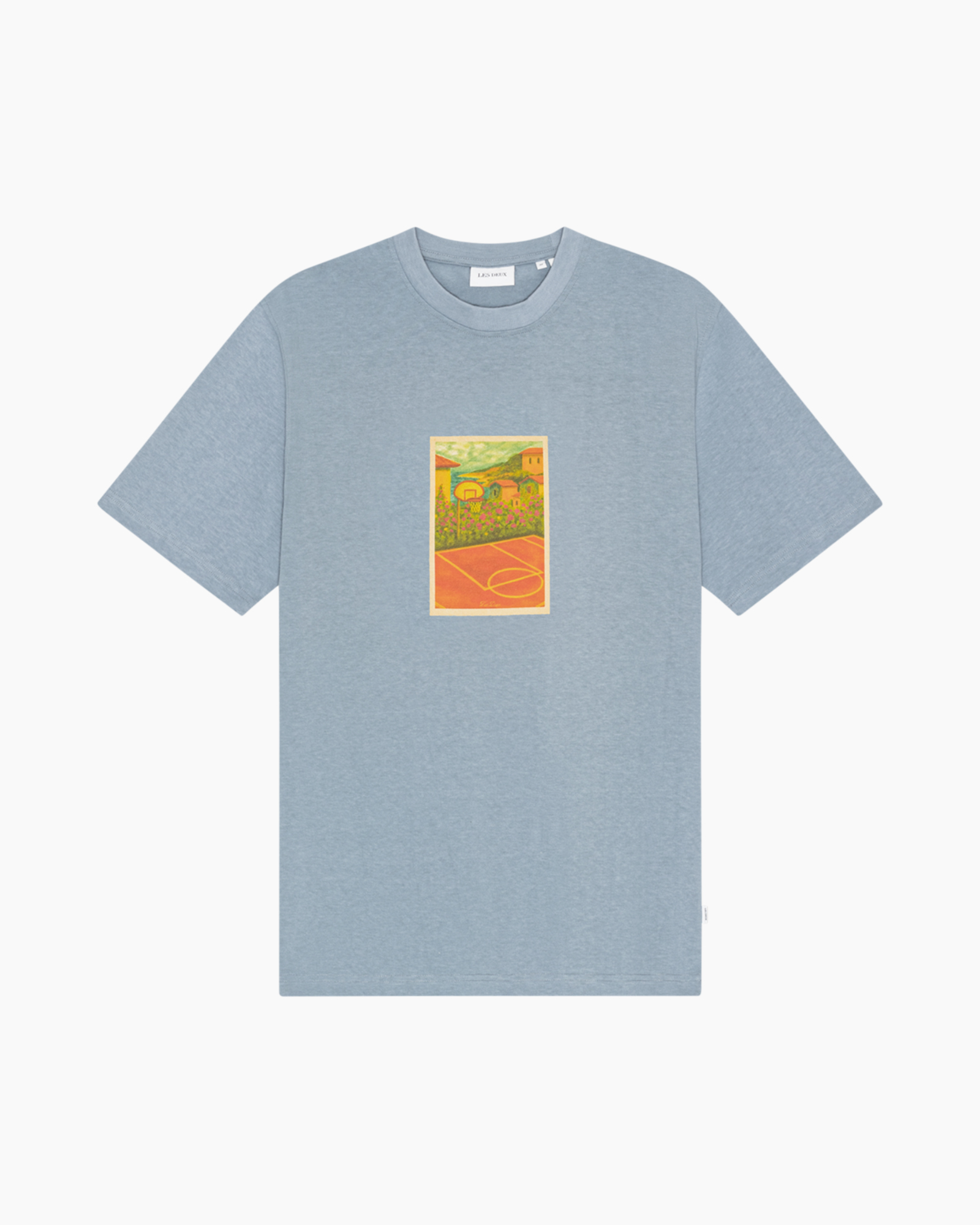 t-shirt, short sleeve, blue, graphic, basketball court