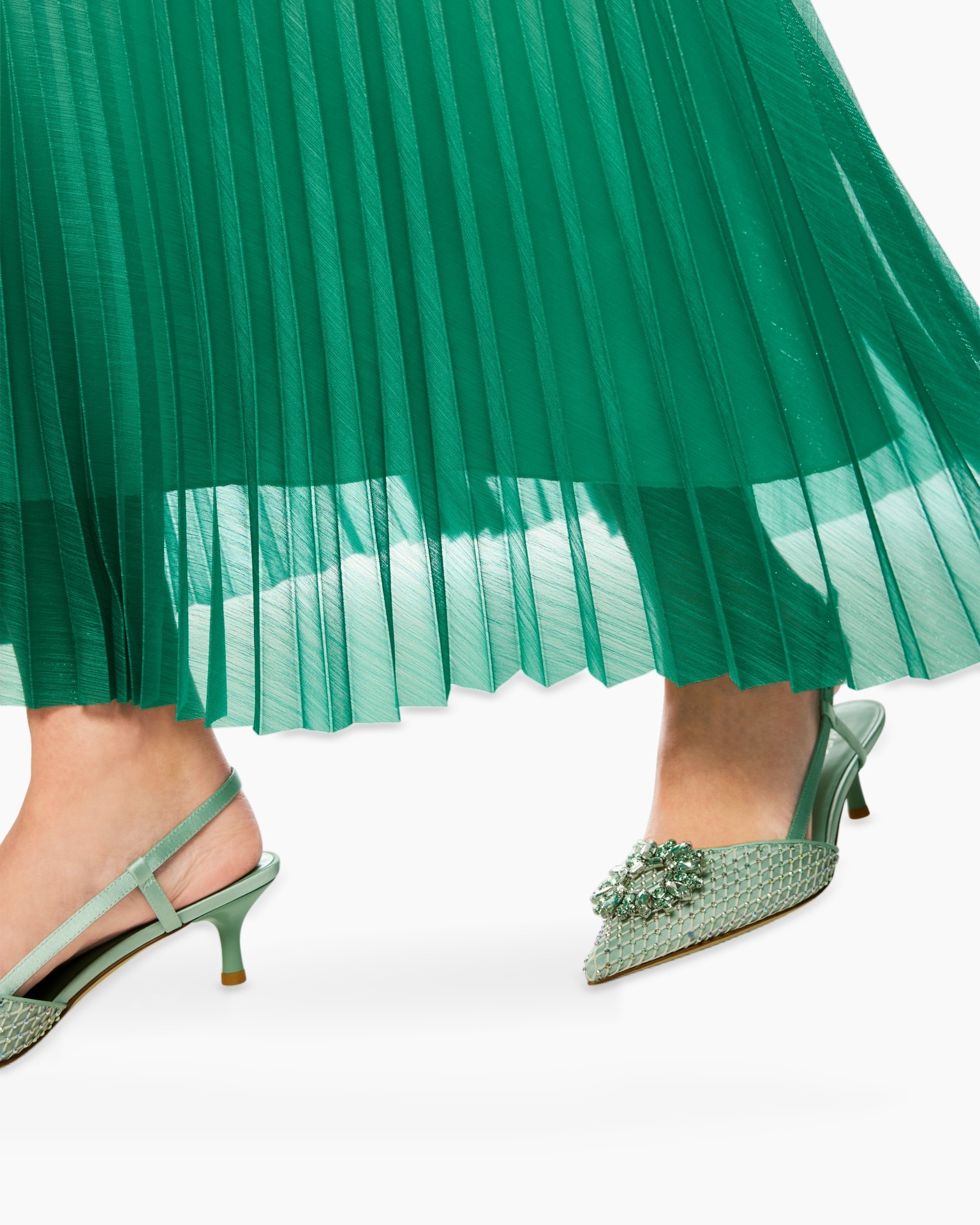 green, dress, pleated, shoes, embellished