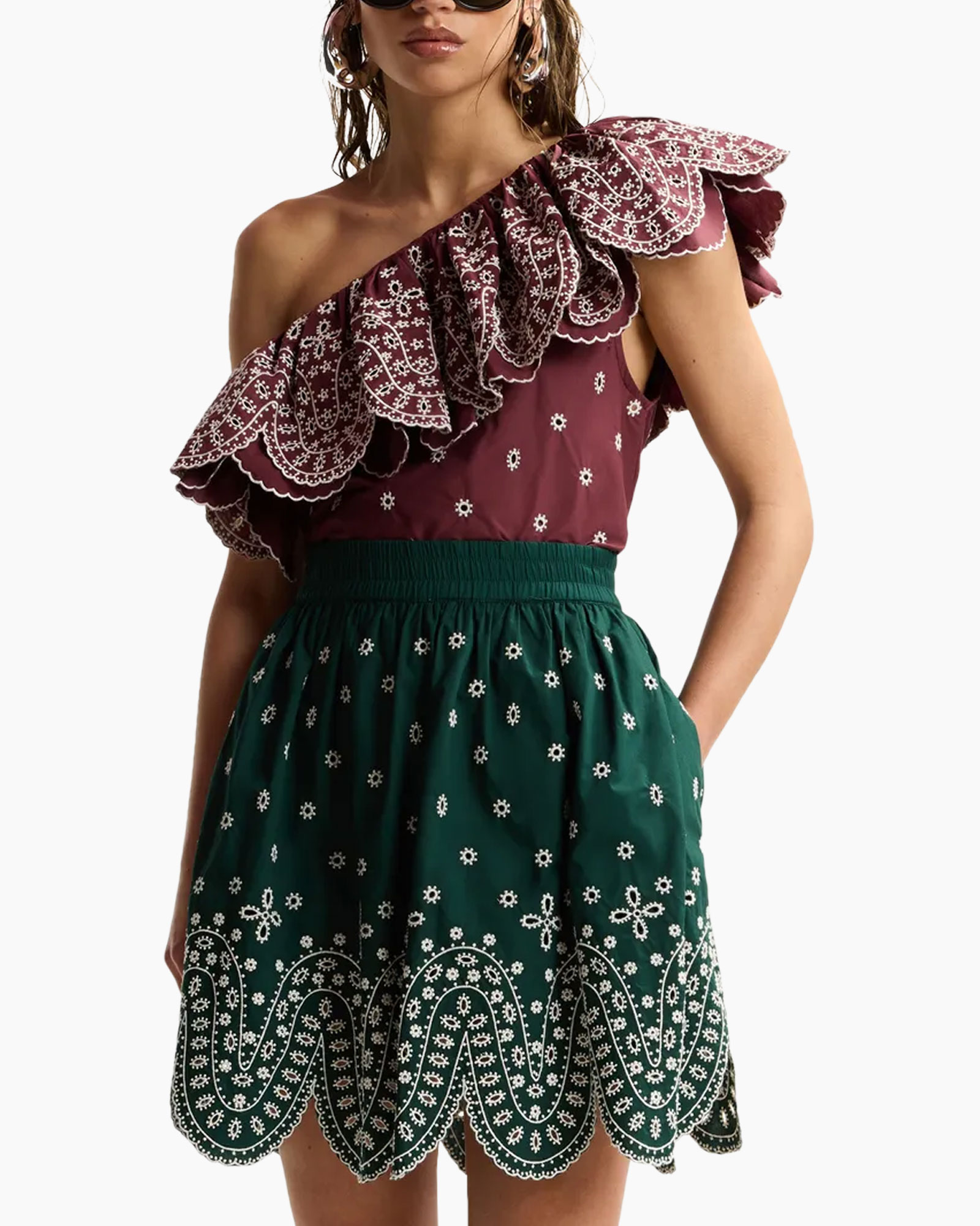 one-shoulder, ruffled, paisley, embellished, two-tone