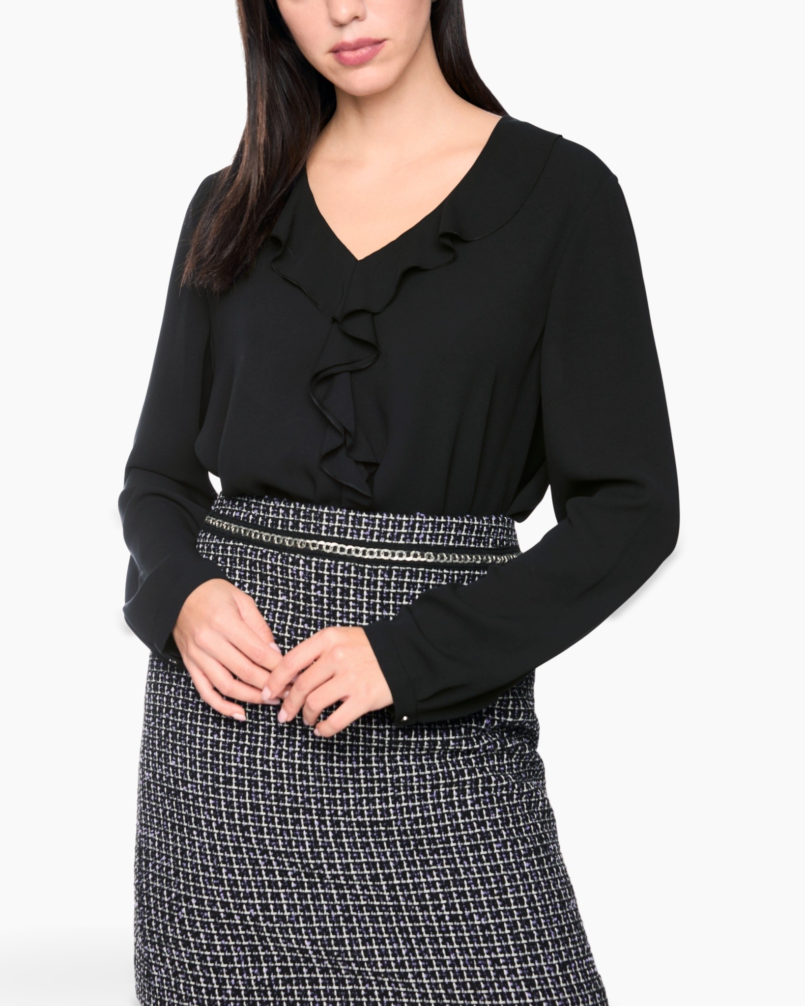 black blouse, ruffled front, long sleeves, solid color, black top