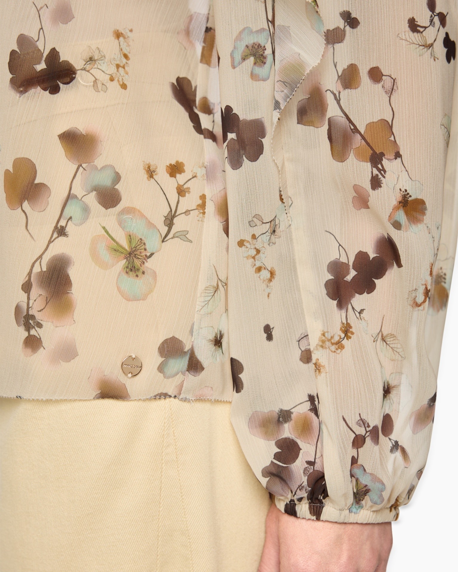 blouse, sheer, floral, longsleeve, peach