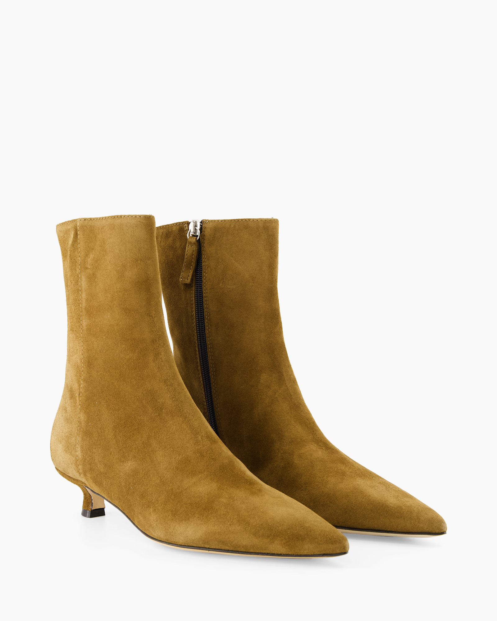 ankle boots, suede, tan, zip, pointed toe
