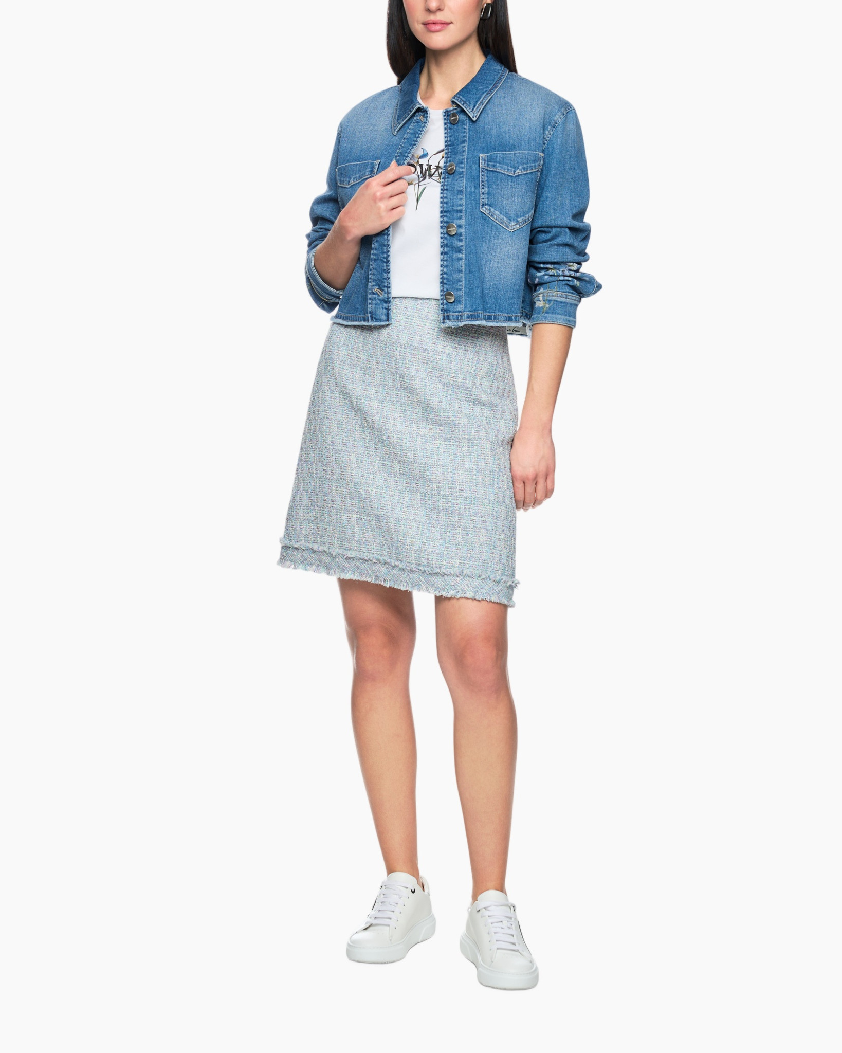 denim jacket, jean jacket, blue, long sleeve, skirted outfit