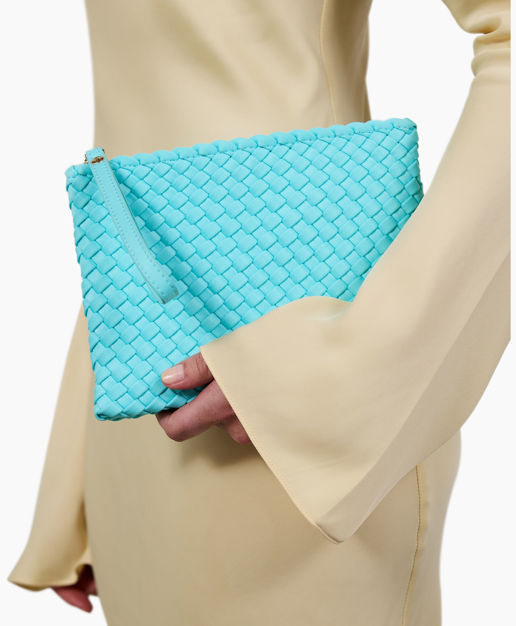 clutch, wallet, woven, turquoise, zipper