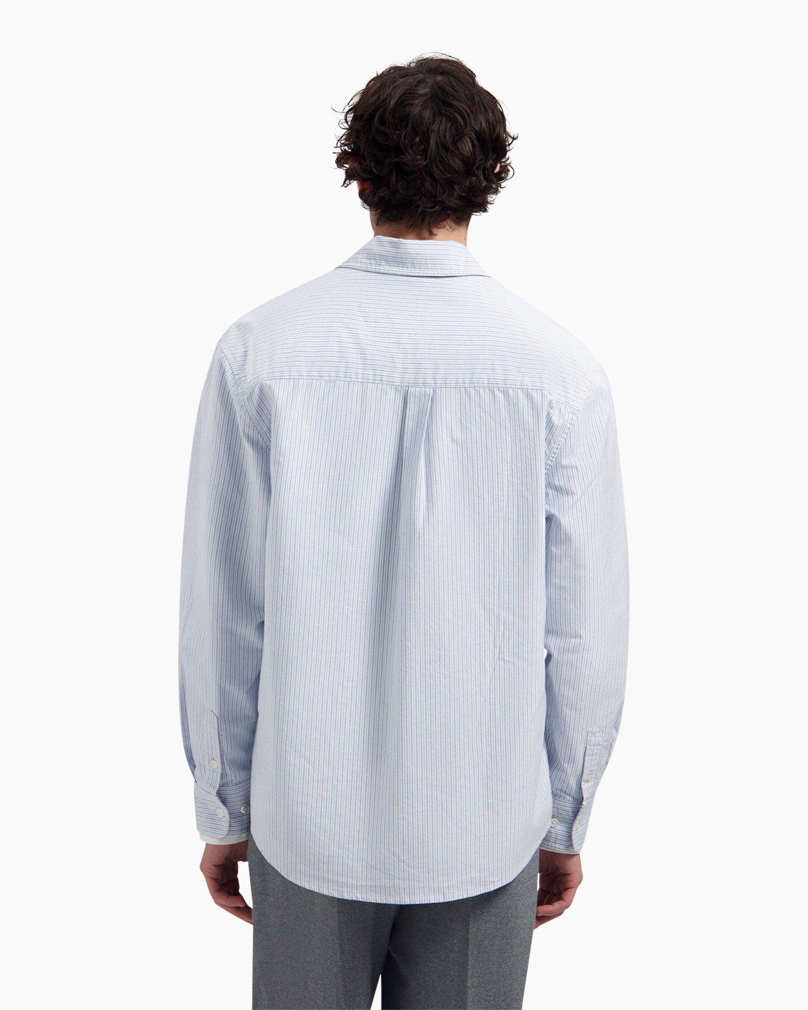 striped shirt, button-down, long-sleeve, pocket, light blue