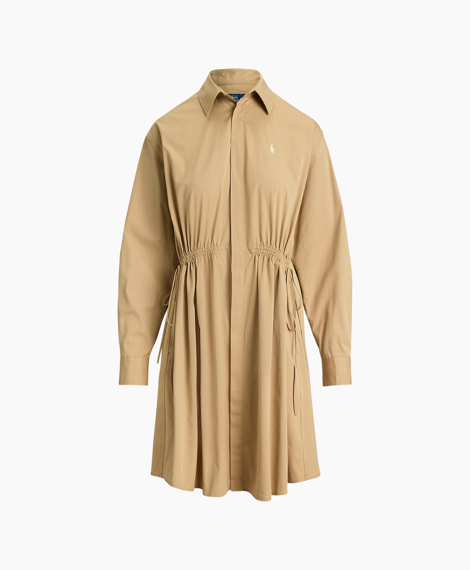 shirt-dress, beige, drawstring, long-sleeve, collared