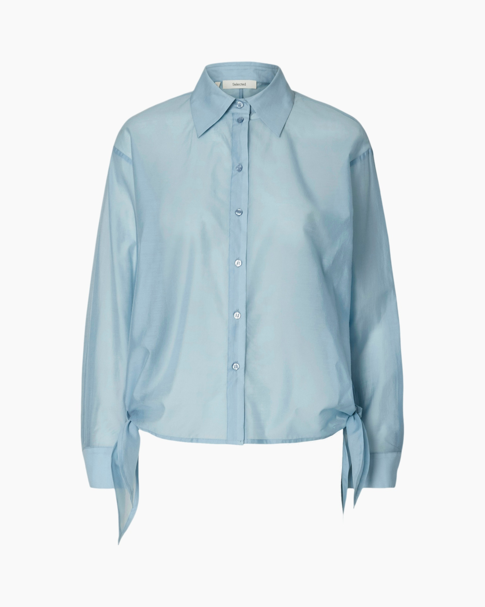 blouse, button-down, long-sleeve, tie-front, light blue