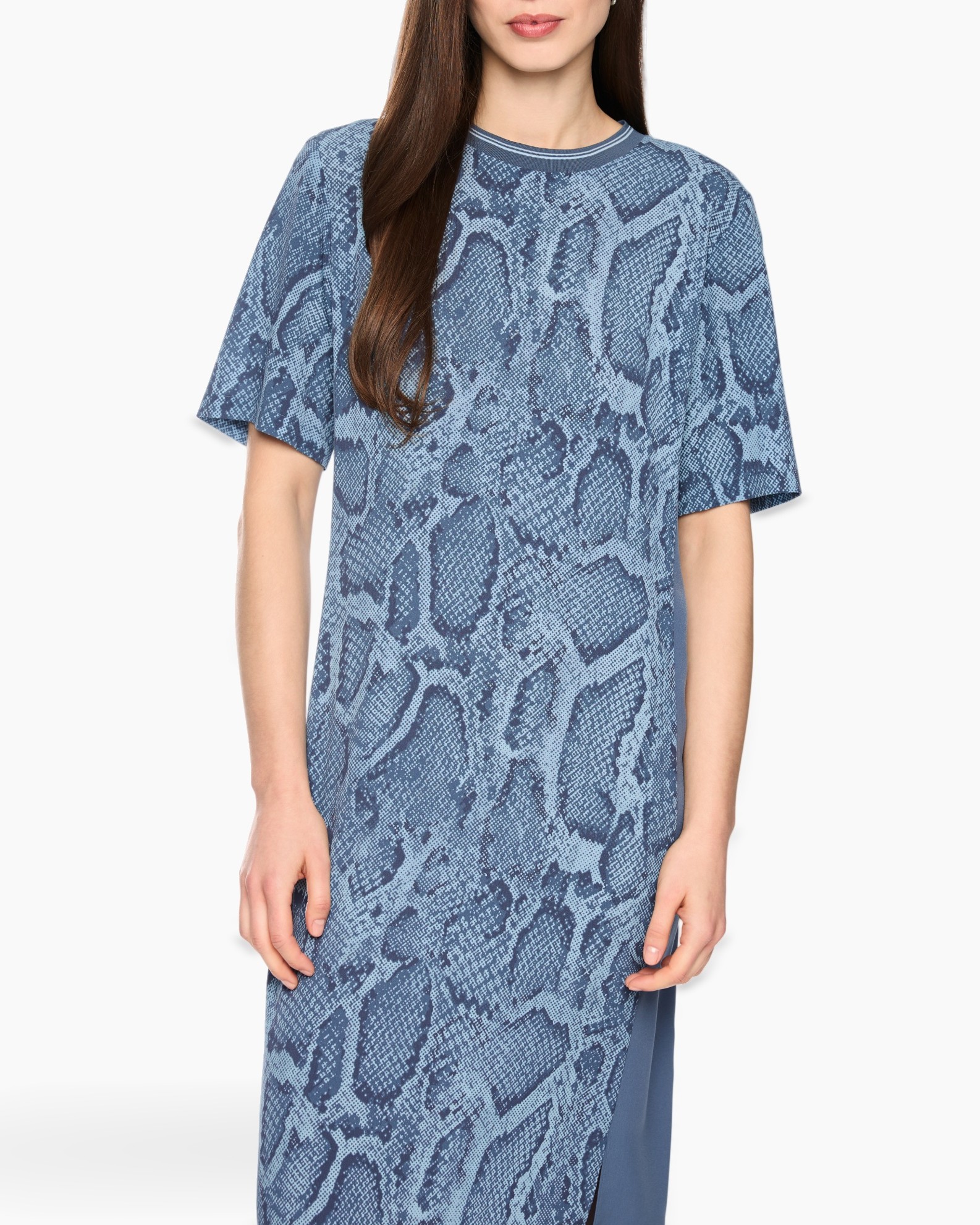 dress, short-sleeve, snake-skin print, mid-length, blue-gray