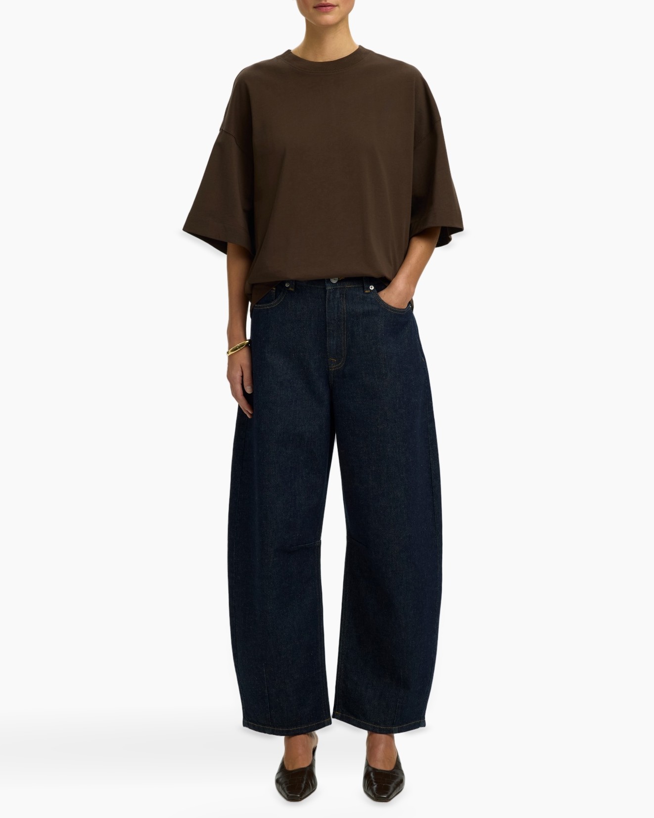 tunic, oversize, brown, top, wide-leg jeans