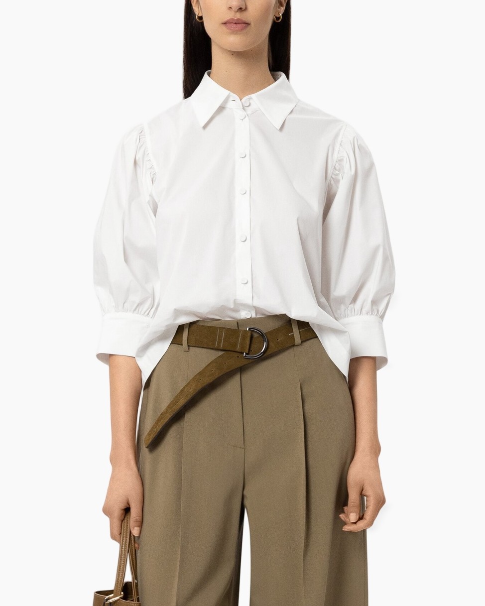 white shirt, puff sleeves, collared shirt, button-down, belted pants