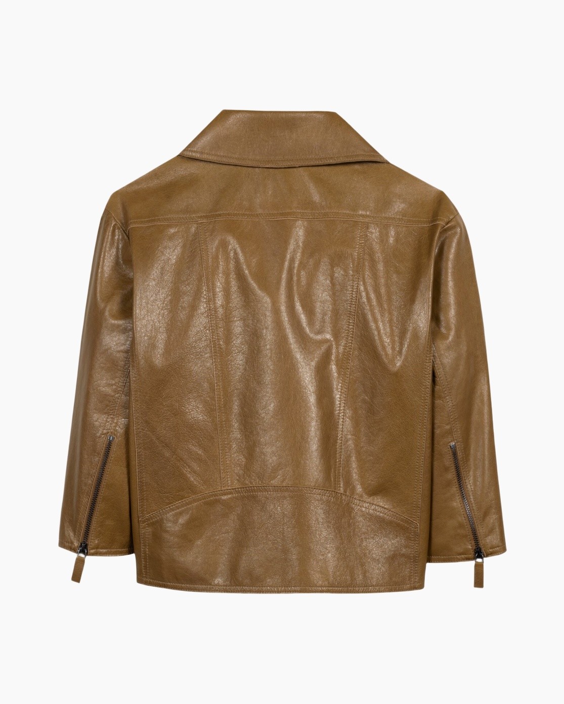 biker jacket, leather jacket, brown, zipper details, back view
