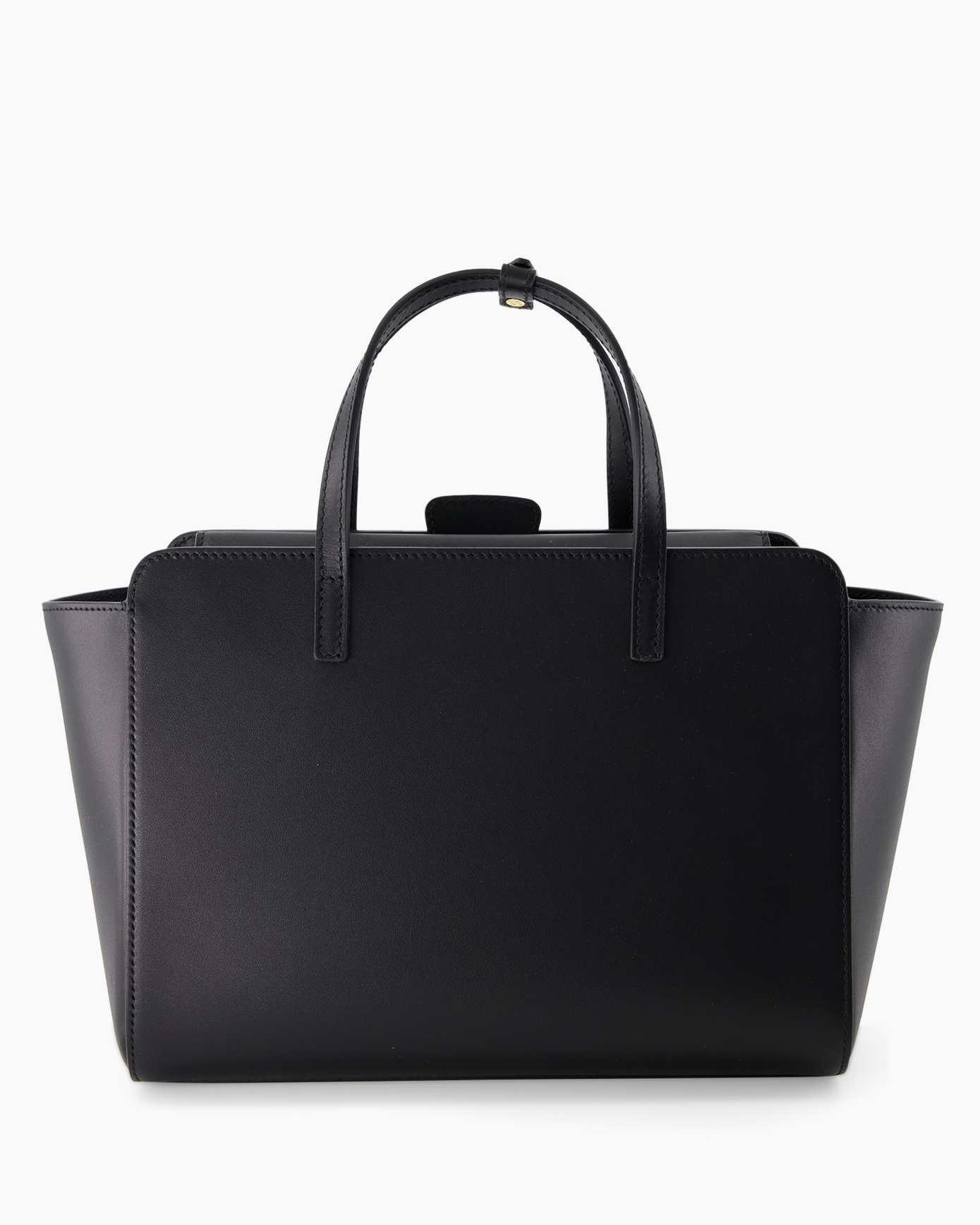 handbag, black, leather, top-handle, trapezoid