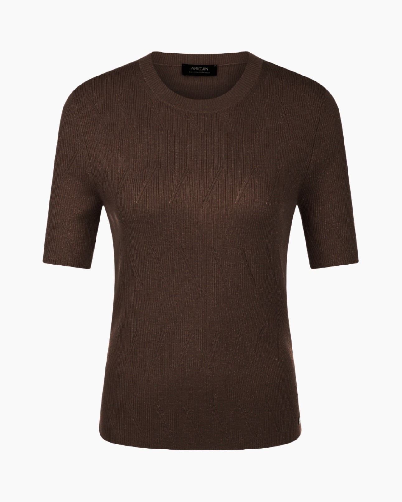 knit top, brown, short sleeves, textured, crew neck