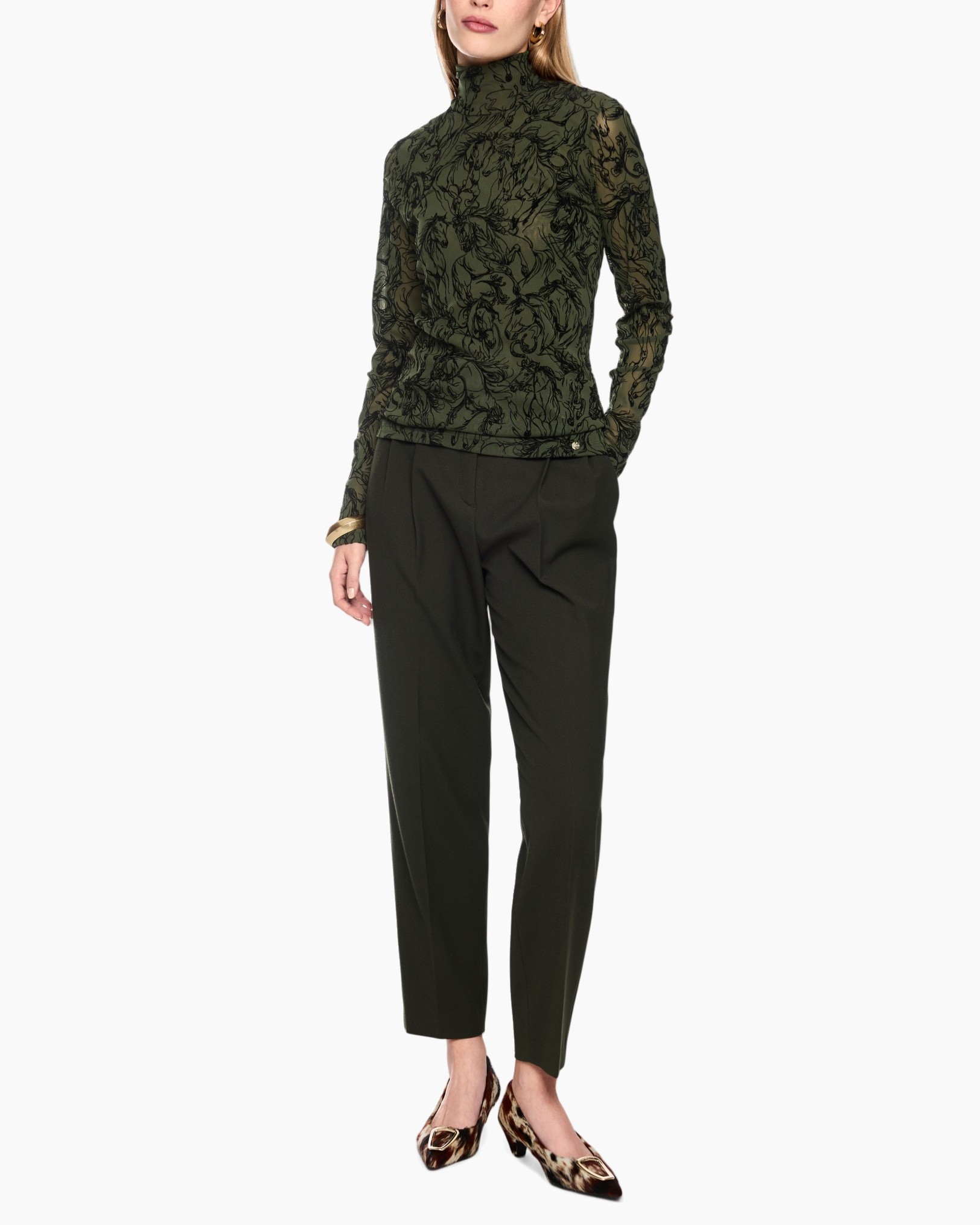 turtleneck, lace top, olive green, long sleeves, tailored pants