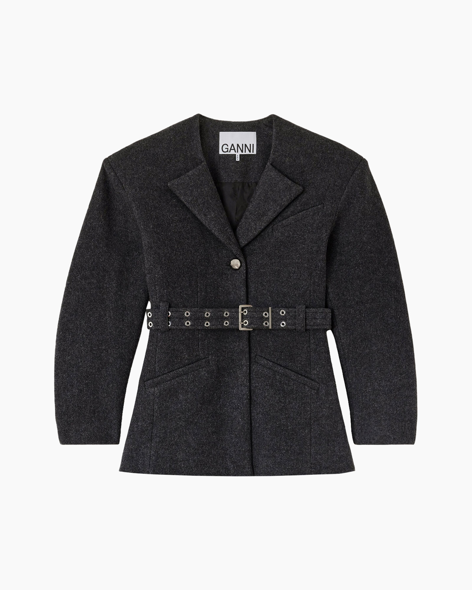 blazer, belted, dark gray, wool blend, lapel