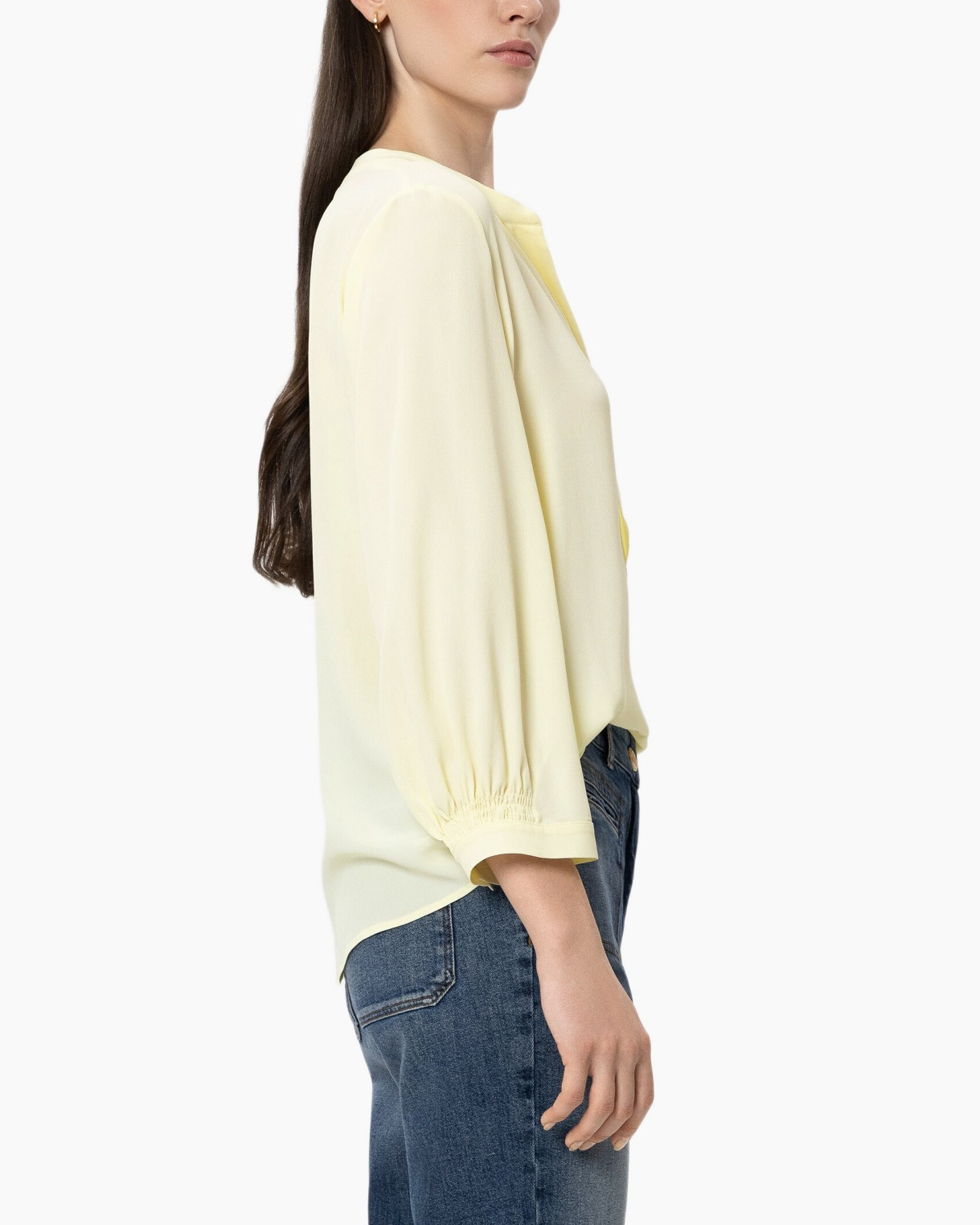 blouse, puff sleeves, light yellow, crew neck, relaxed fit