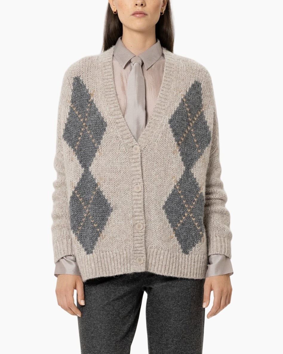 cardigan, argyle, knit, beige, open-front