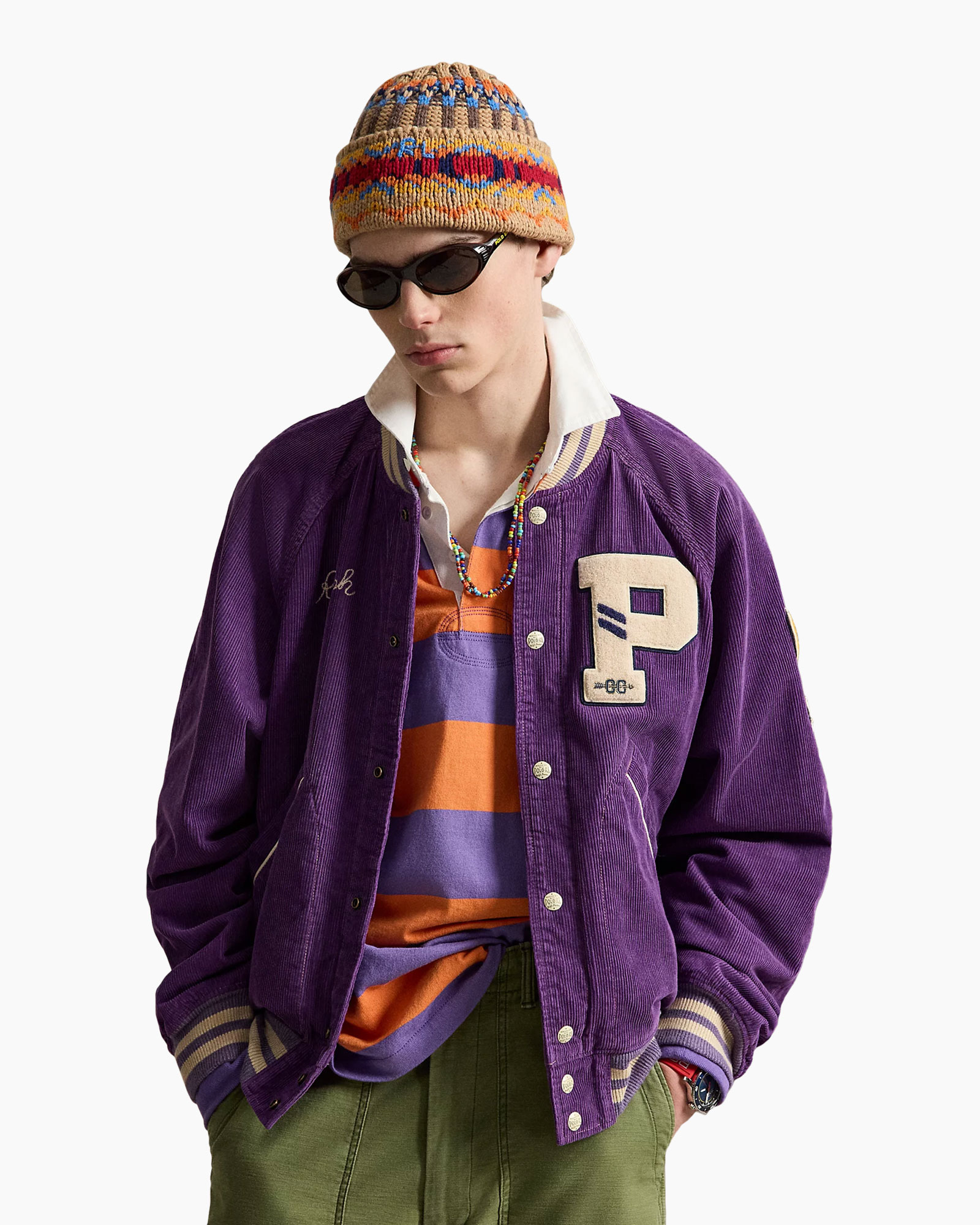 corduroy jacket, varsity jacket, purple, patch, striped shirt