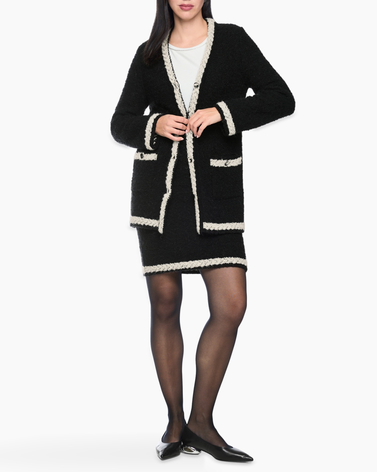 black cardigan, boucle knit, contrast trim, two pockets, skirt suit set