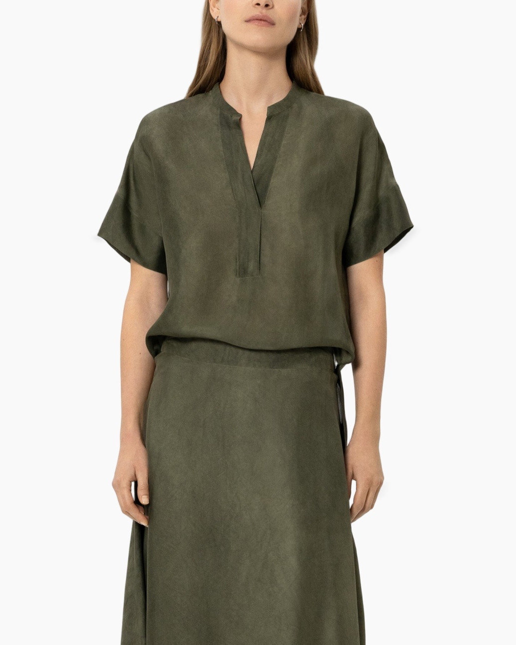 top, short-sleeve, olive-green, linen-like, shirt-dress