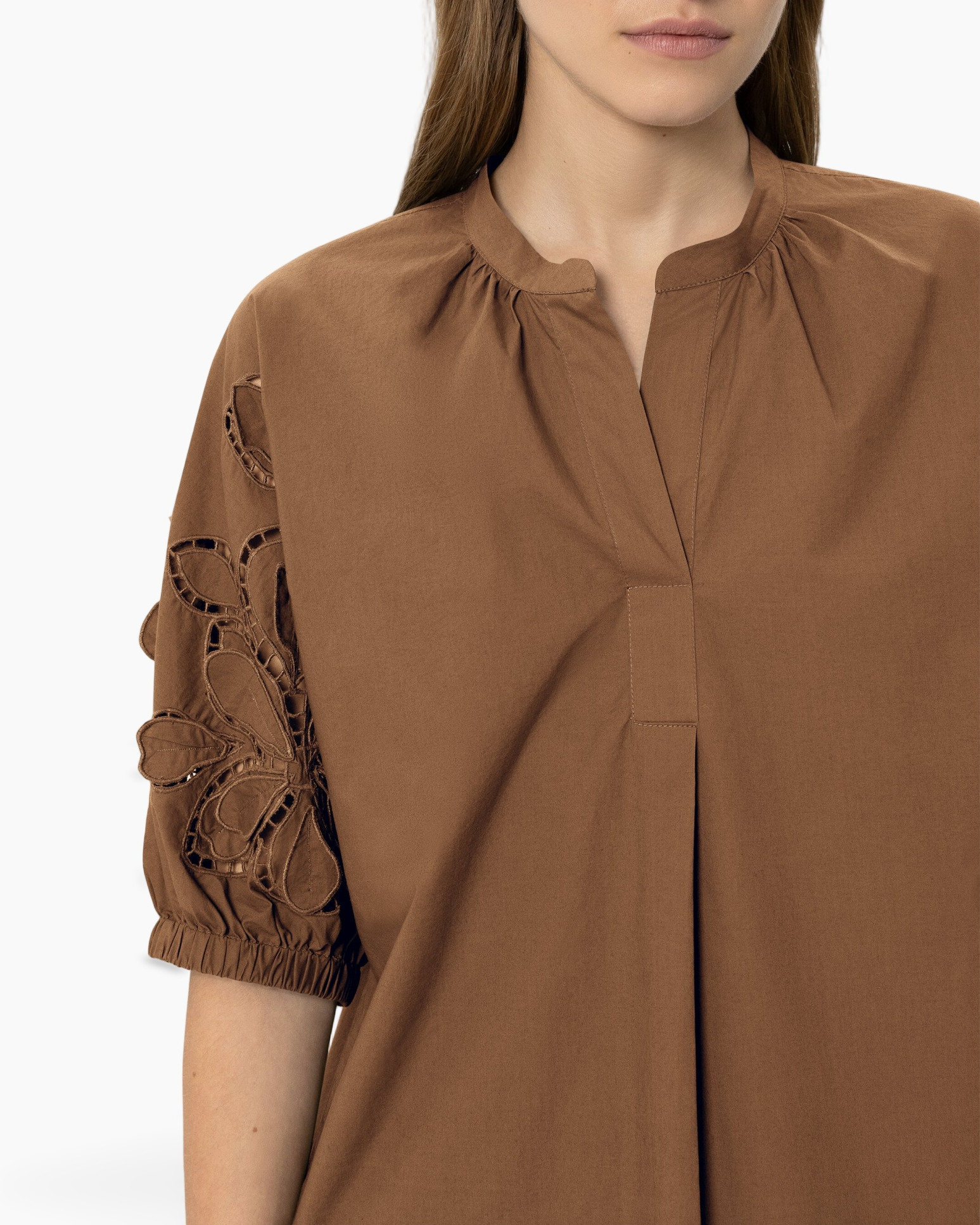 brown top, linen blend, embroidery sleeve, short puff sleeve, crew neck