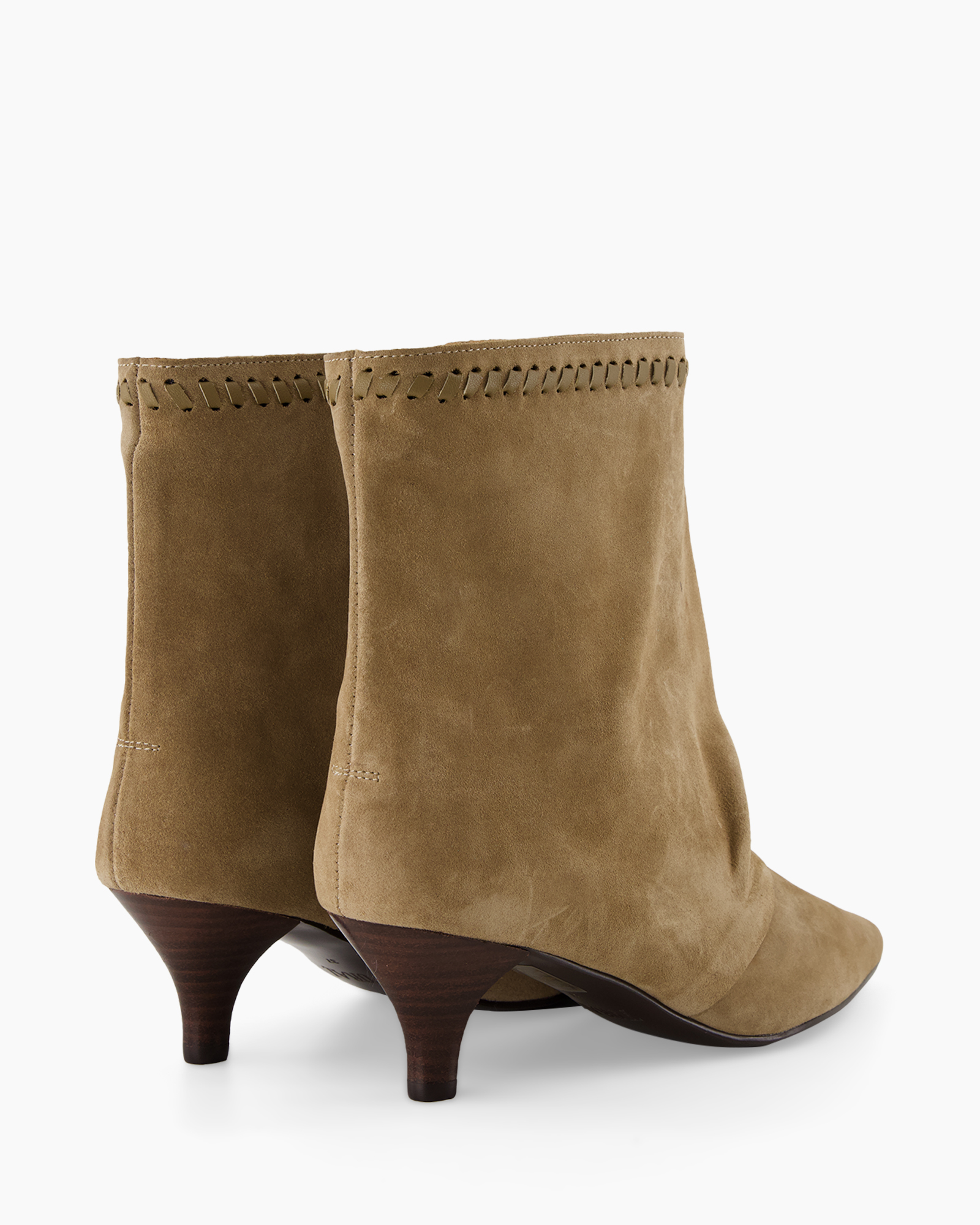 ankle boot, suede, tan, stitch detail, mid heel