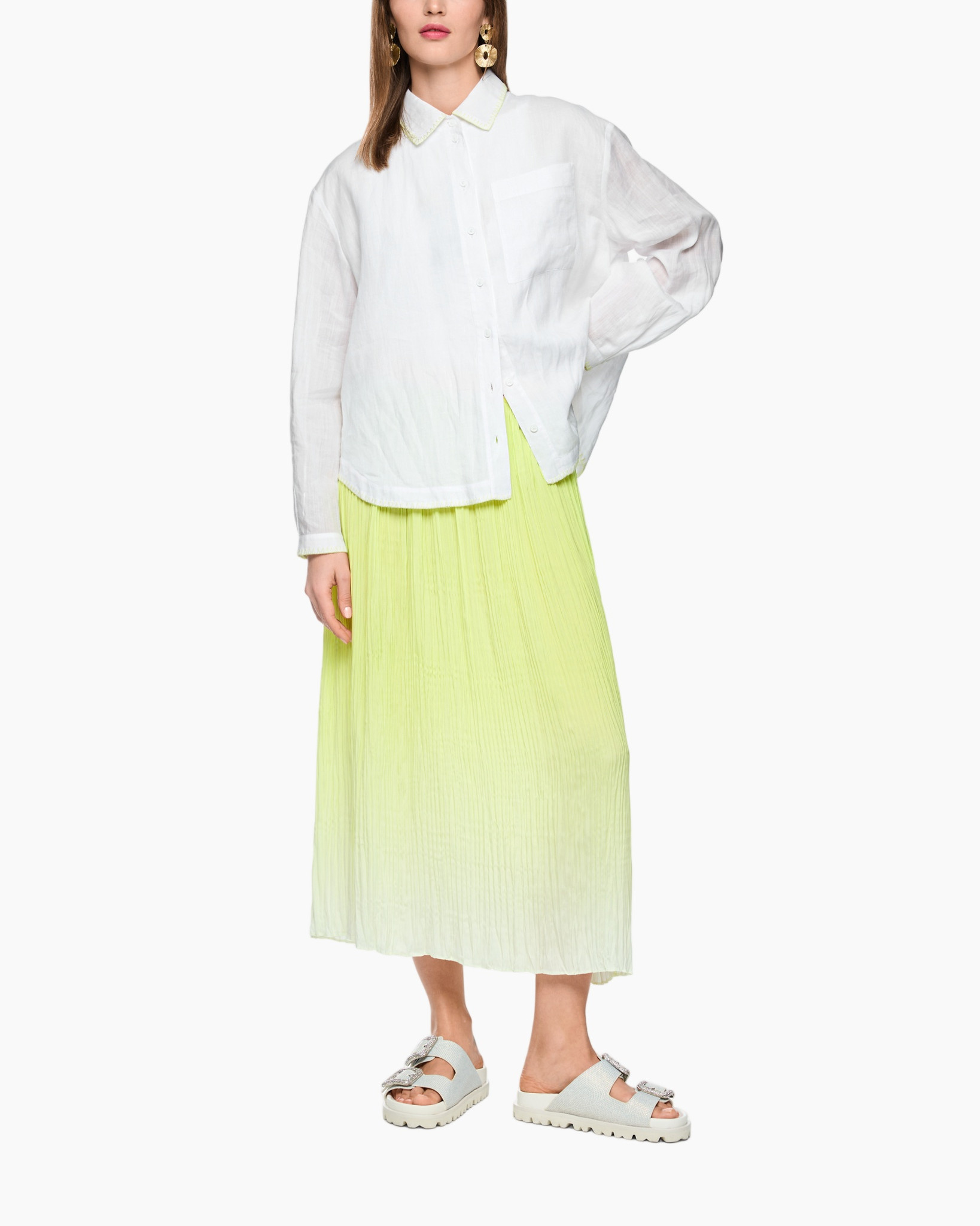 white shirt, collared shirt, long skirt, pleated skirt, sandals