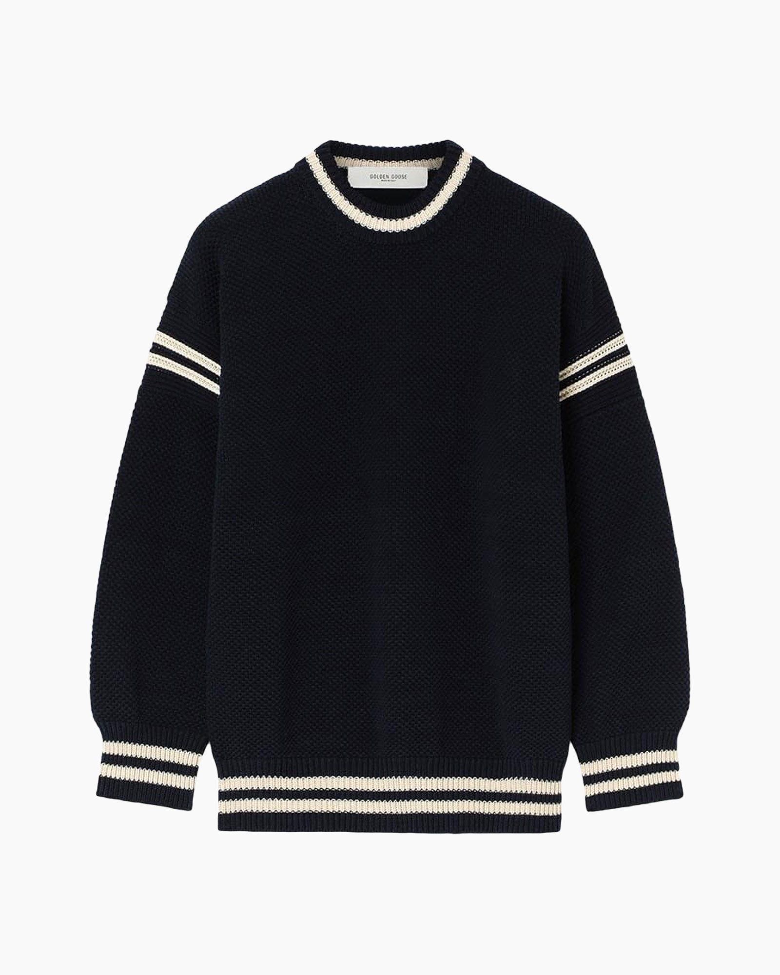 sweater, crewneck, knit, dark navy, stripe trim