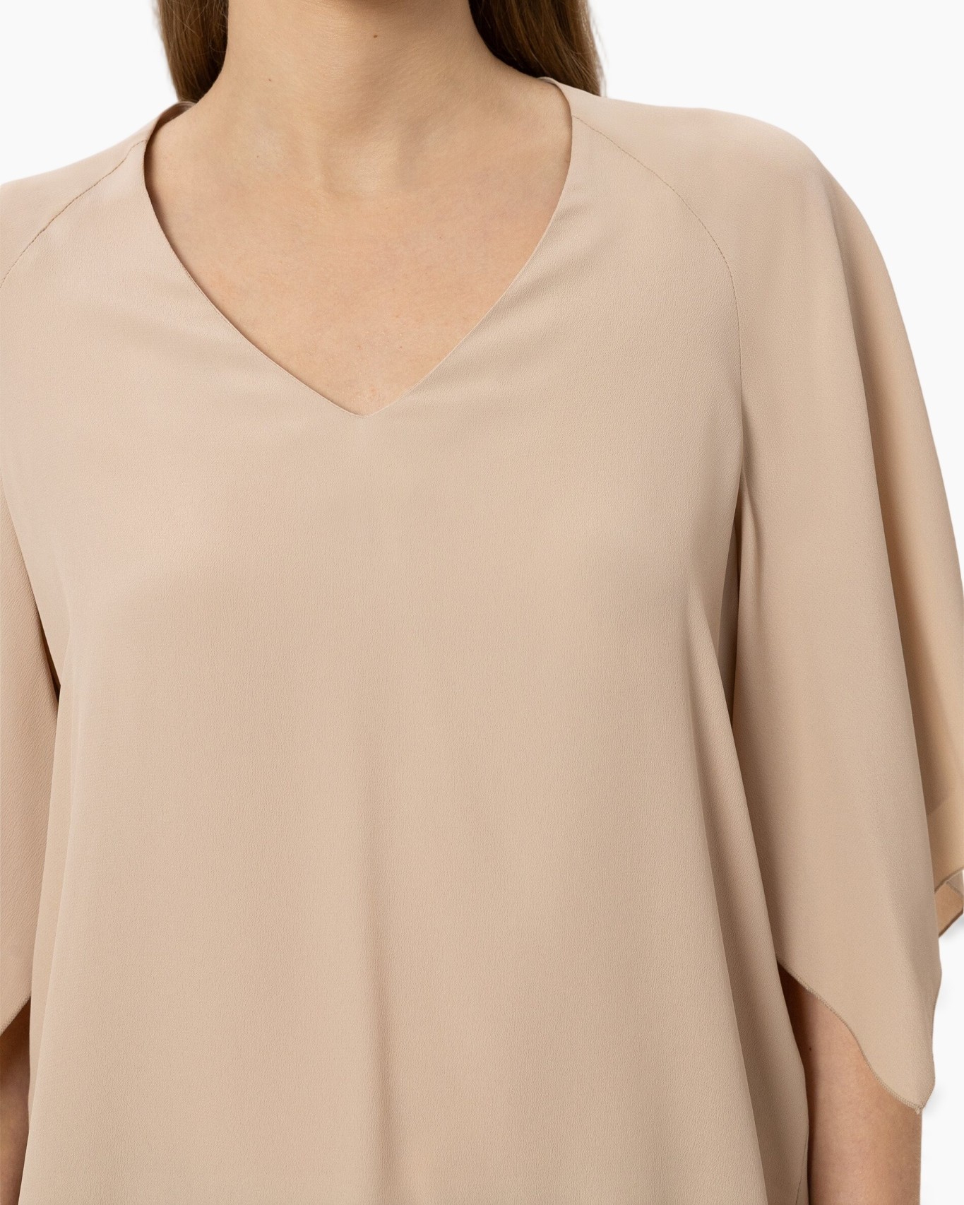 beige, blouse, v-neck, short sleeve, crepe