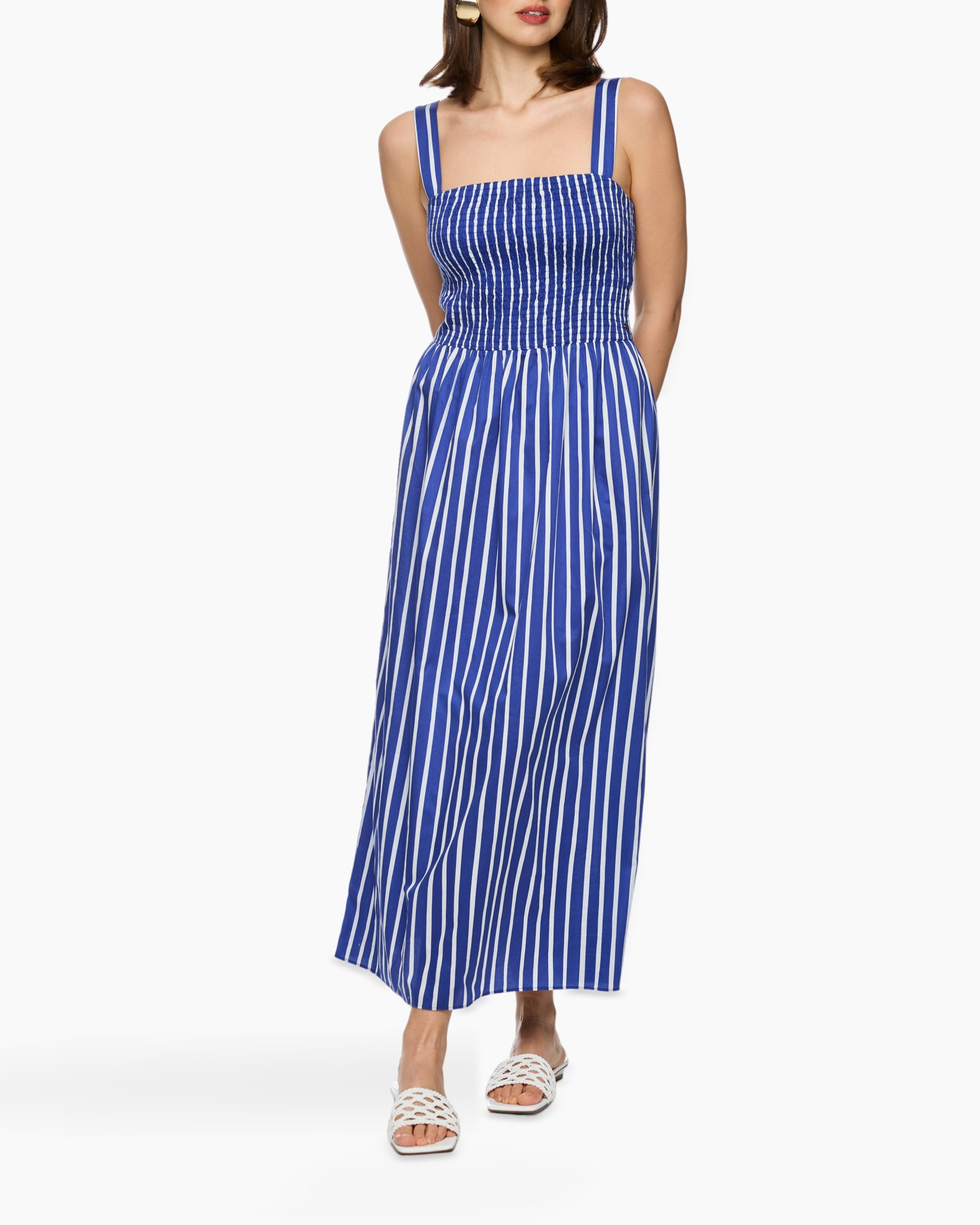 dress, striped, blue, maxi, sleeveless