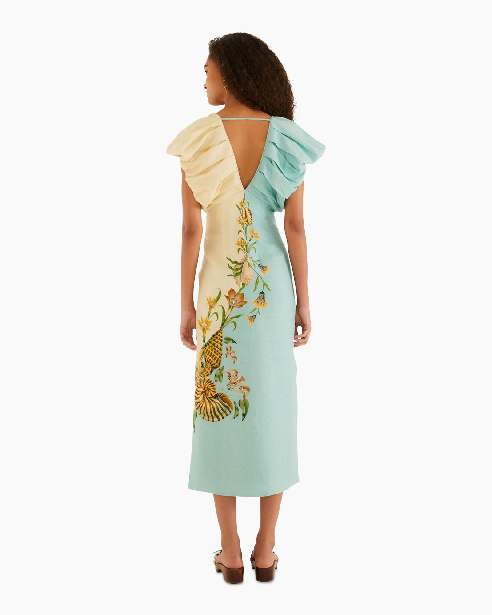 dress, maxi dress, green dress, floral pattern, ruffle sleeve