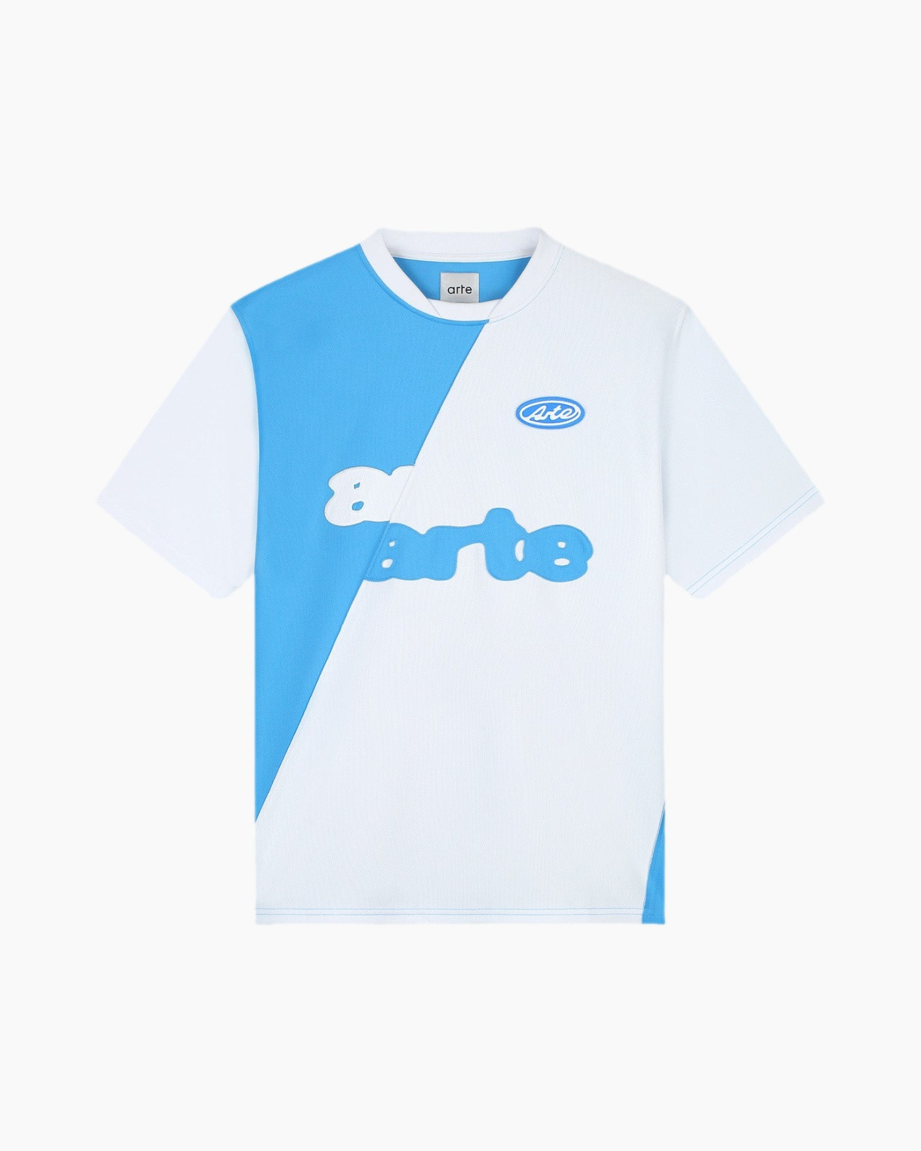 t-shirt, short sleeve, blue, diagonal panel, graphic text