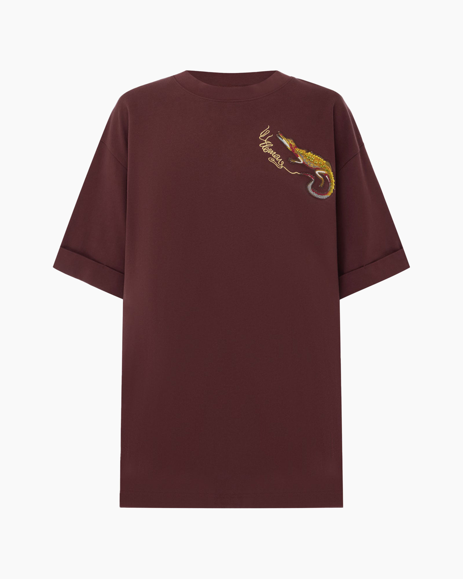 t-shirt, burdeau, dragon embroidery, short sleeves, maroon