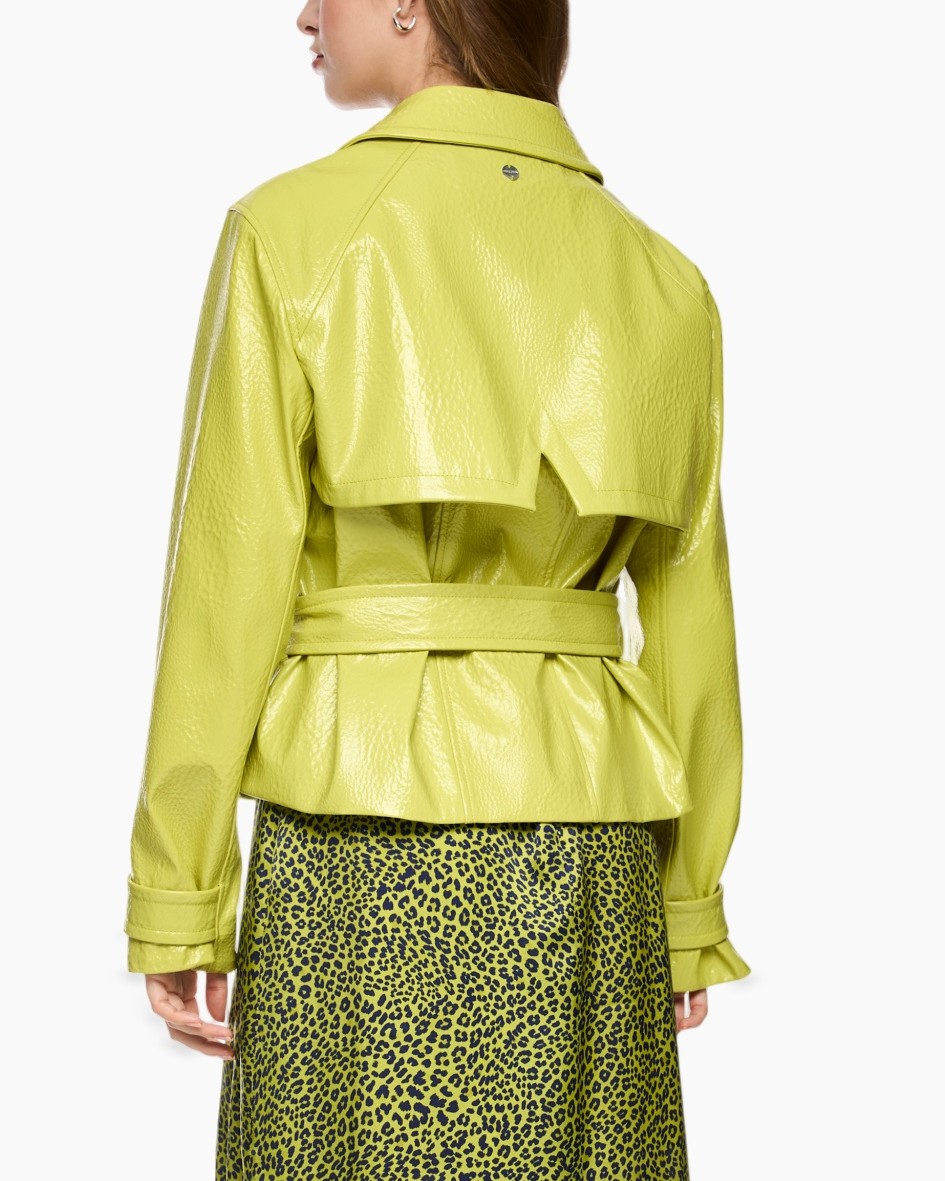 leather jacket, trench style, belted, lime green, peplum back
