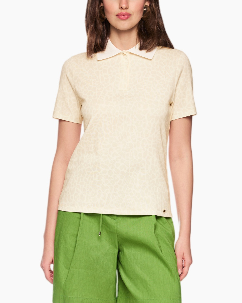 collared polo, short sleeves, beige pattern, leisure top, linen look