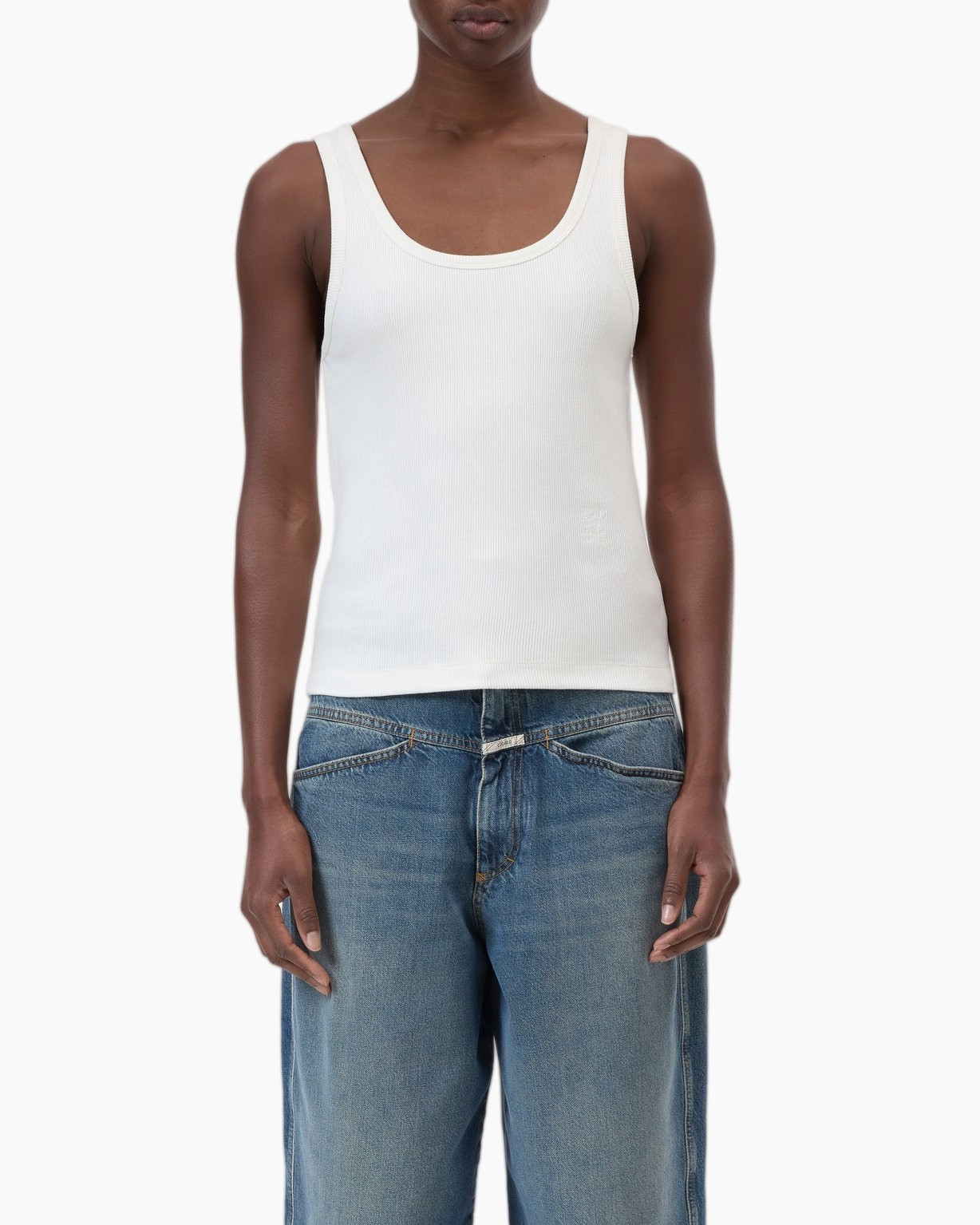 tank top, white, sleeveless, ribbed, women